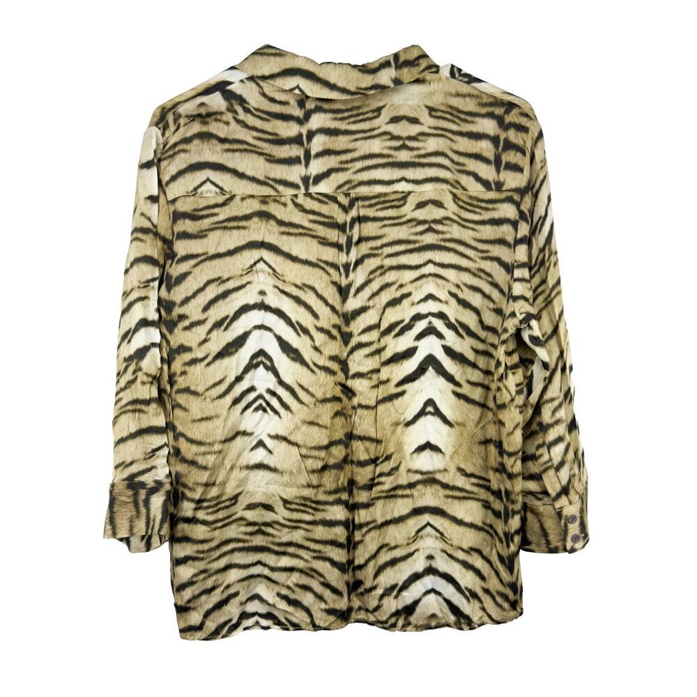 TARA JARMON Designer Beige Takki Zebra Tiger Print Button-Up Maximalist Top sz M - Picture 8 of 10